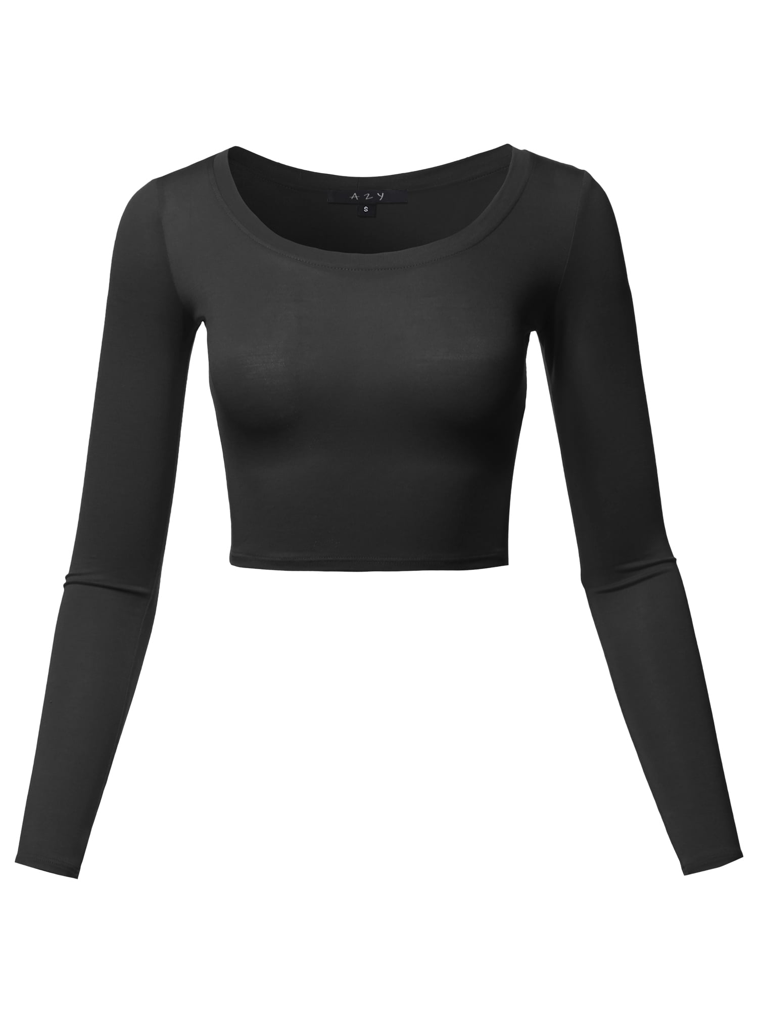 A2Y Women's Basic Solid Stretchable Scoop Neck Long Sleeve Crop