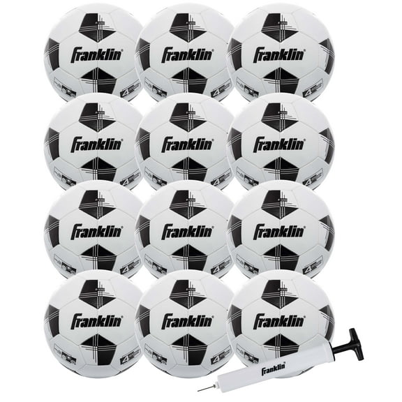 Franklin Sports Competition 100 Soccer Balls - 12 pack Deflated with Pump - Size 4 - White/Black