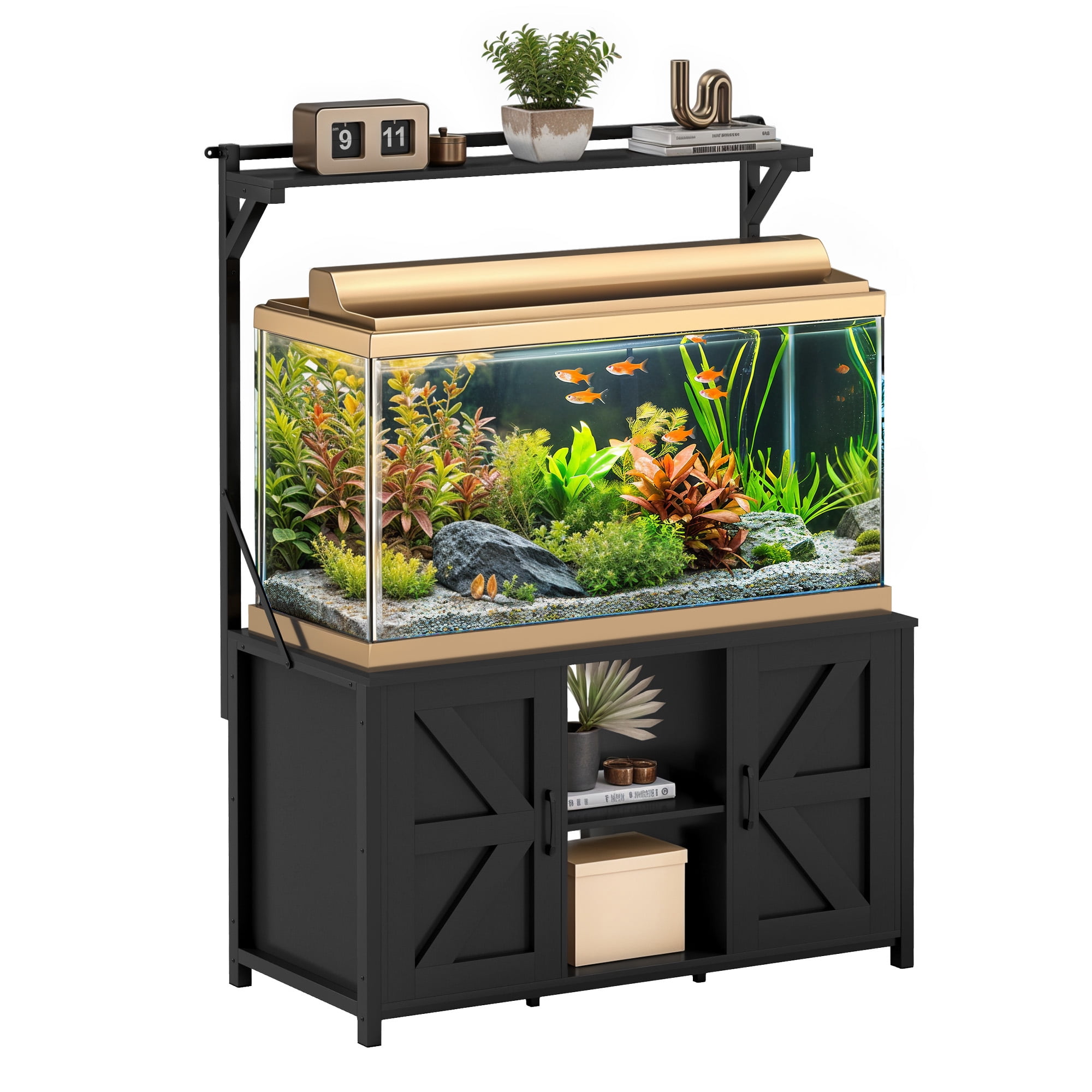 Uforic 120 Gal Fish Tank Stand w Shelf and Cabinet, 1100 Lbs Capacity, Power Outlets, Metal, Black