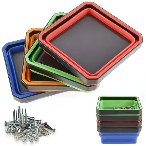 FUYGRCJ 4PCS Collapsible Magnetic Parts Tray Set, Silicone Foldable Magnetic Tool Tray, Multi-Color Magnetic Screw Storage Tray, Magnetic Tool Square Tray Organizer for Screw Bolt Nut Washer