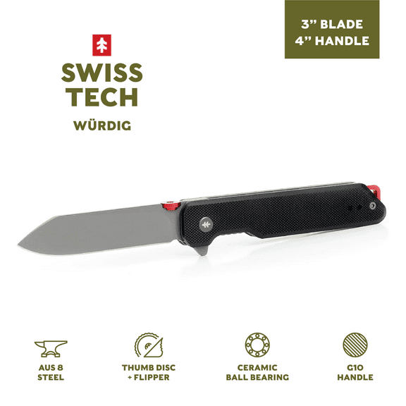 Swiss Tech Wurdig 7" Ceramic Ball Bearing Folding Pocket Knife, 3" AUS-8 Steel Blade, 4" G-10 Handle, Black