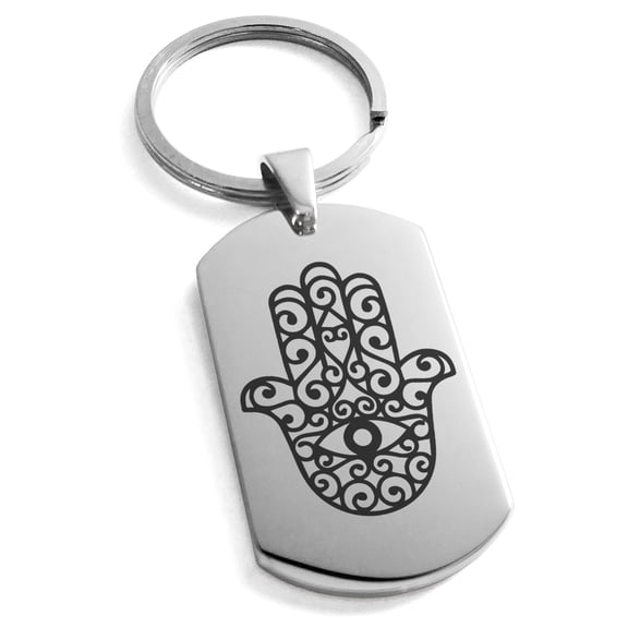 Stainless Steel Filigree Hamsa Hand of Fatima Engraved Dog Tag Keychain Keyring
