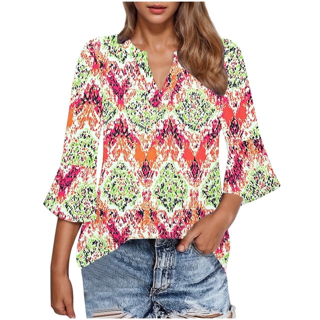 Atogsazn Chemises pour Femmes Été Manches 3/4 Hauts Habillés Décontractés Blouses Plissées Col en V T-Shirts Roses P Mode