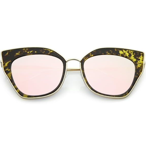 Oversize Pointed Cat Eye Sunglasses Slim Metal Nose Bridge Square Colored Mirror Lens 58mm (Gold Tortoise / Pink Mirror)