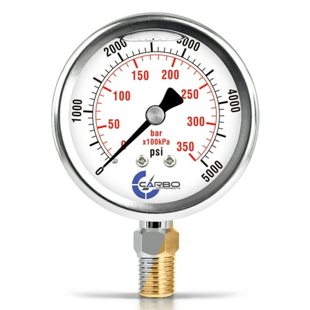 CARBO Instruments 2 1-2" Pressure Gauge, Stainless Steel Case, Chrome Plated Brass Connection, Lqiuid Filled, 0-5000 psi/kPa, Lower Mount 1/4" NPT