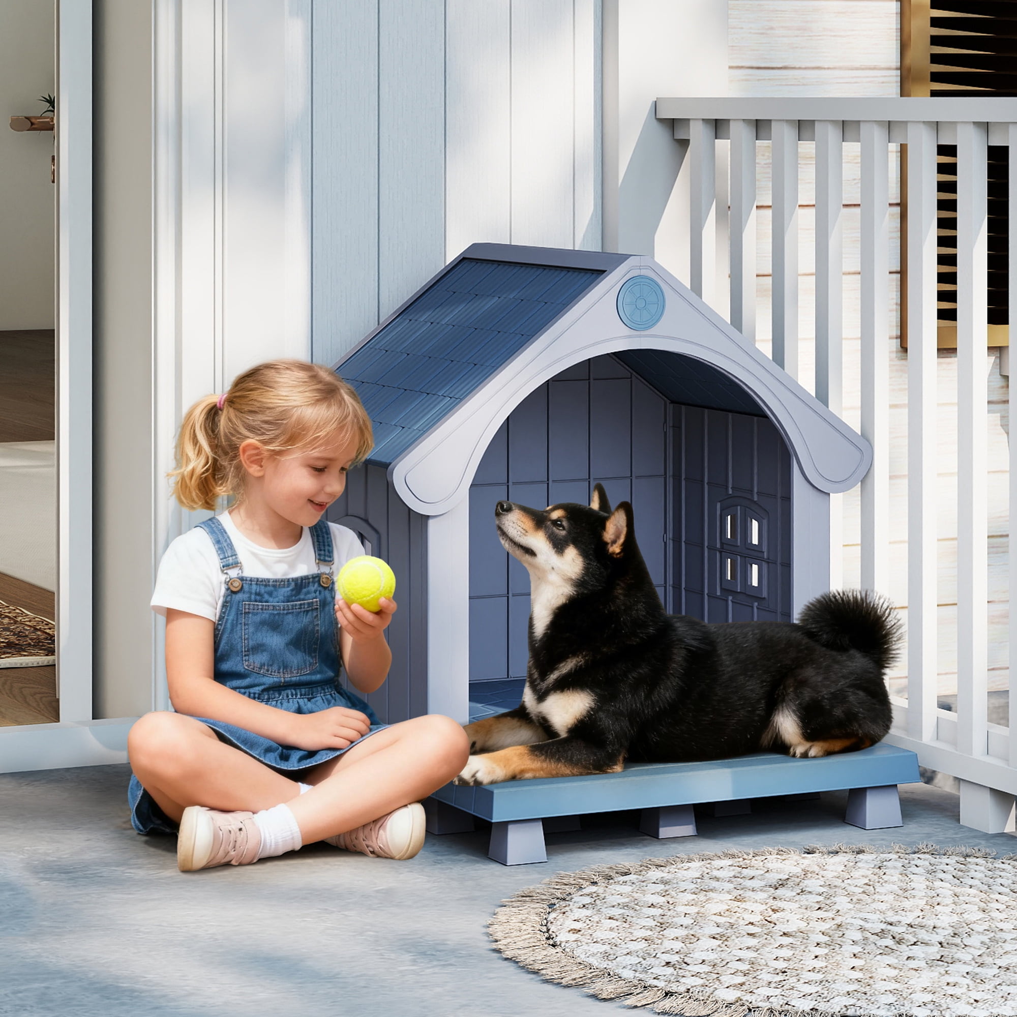 COZIWOW Large Weatherproof Elevated Plastic Dog House Pet Kennel Indoor Outdoor Cat House with Open Front