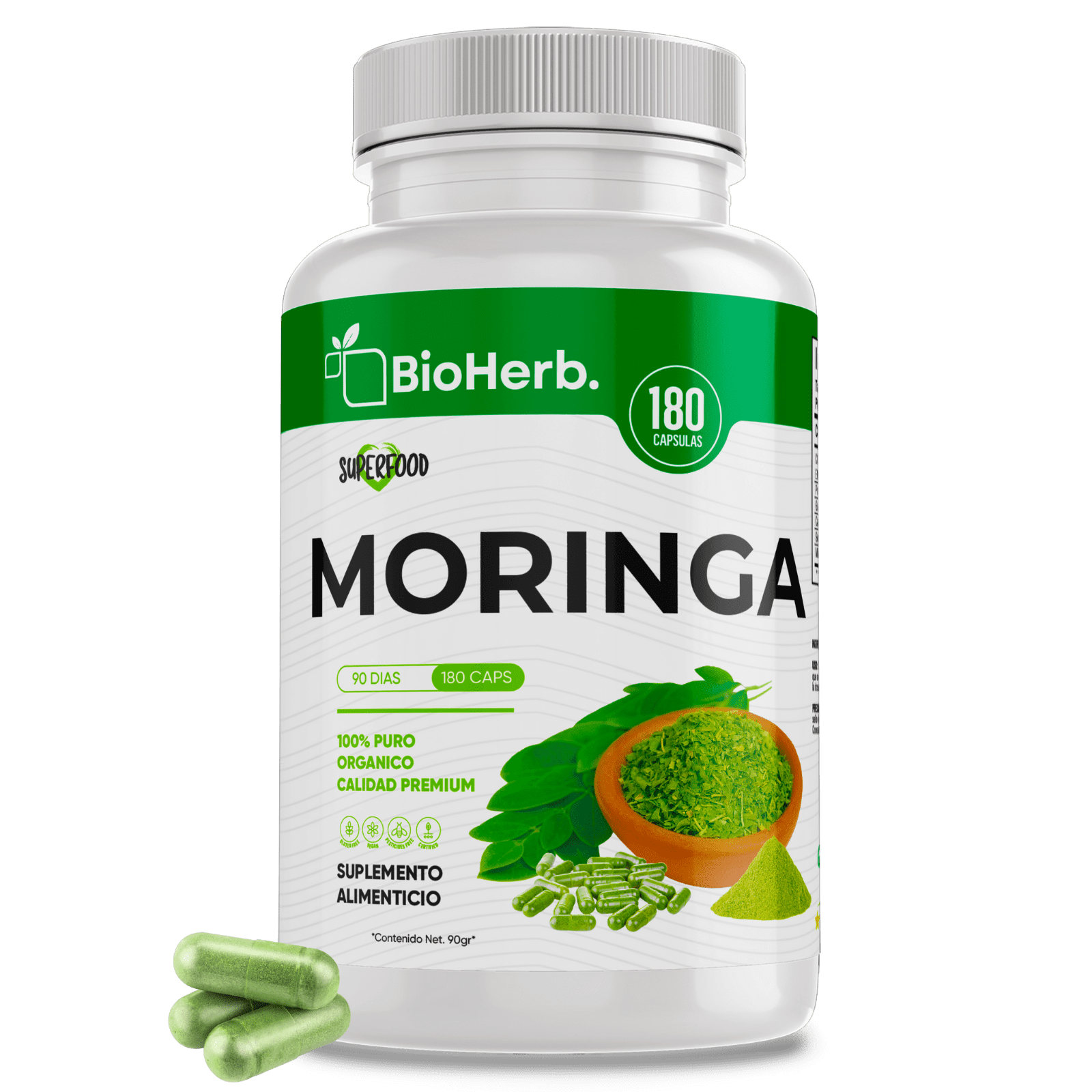 Moringa 100% Pura (180 Capsulas 500mg) |ORGANICO | NATURAL | Para 90 ...