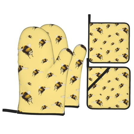 

Oven Mitts and Pot Holders Sets 4 pcs - funny bumblebees yellow Heat Resistant Silicone Oven Gloves with Non-Slip Silicone Surface and hot pads for kitchen Baking Cooking BBQ