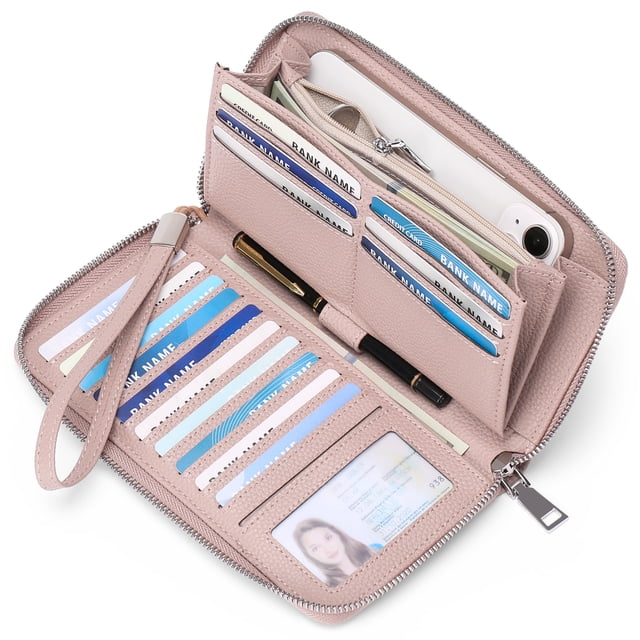 Cartera de mujer de PU con cepillo antirrobo, billetera de mujer de gran capacidad, billetera de múltiples tarjetas larga