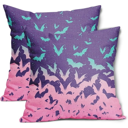 

Kawani Happy Halloween Bats Pillow Covers 16x16 inch Pastel Purple Pink Bat Decorative Square Couch Pillow Cases Set of 2 Fall Decor Cotton Linen Throw Pillows for Room Porch Patio Couch Outdoor
