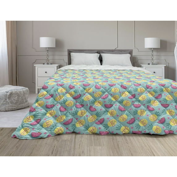 Fruits Down Alternative Comforter, Summer Foods Apple Banana Cherry Strawberry Lemon Branches Fresh, Microfiber Quilt for All Season, 5 Sizes, Dark Blue White and Yellow, by Ambesonne