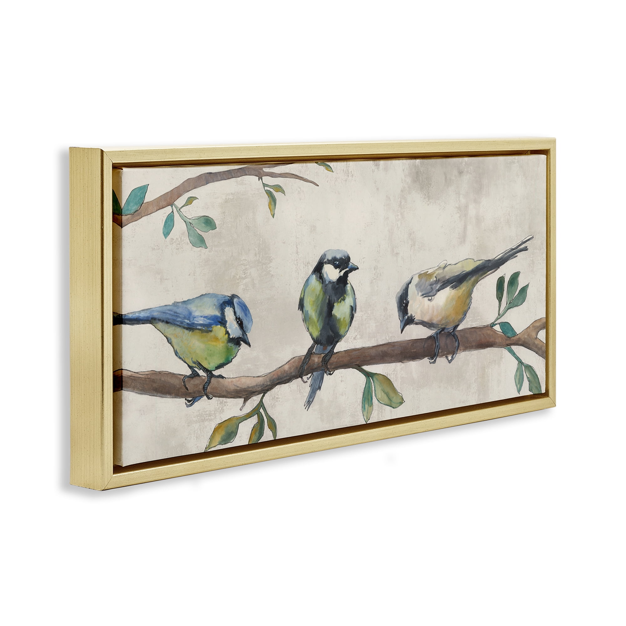 Stupell Industries Perched Songbirds on Branch Animals Painting Gold Floater Framed Canvas Art Print Wall Art, 25 x 11