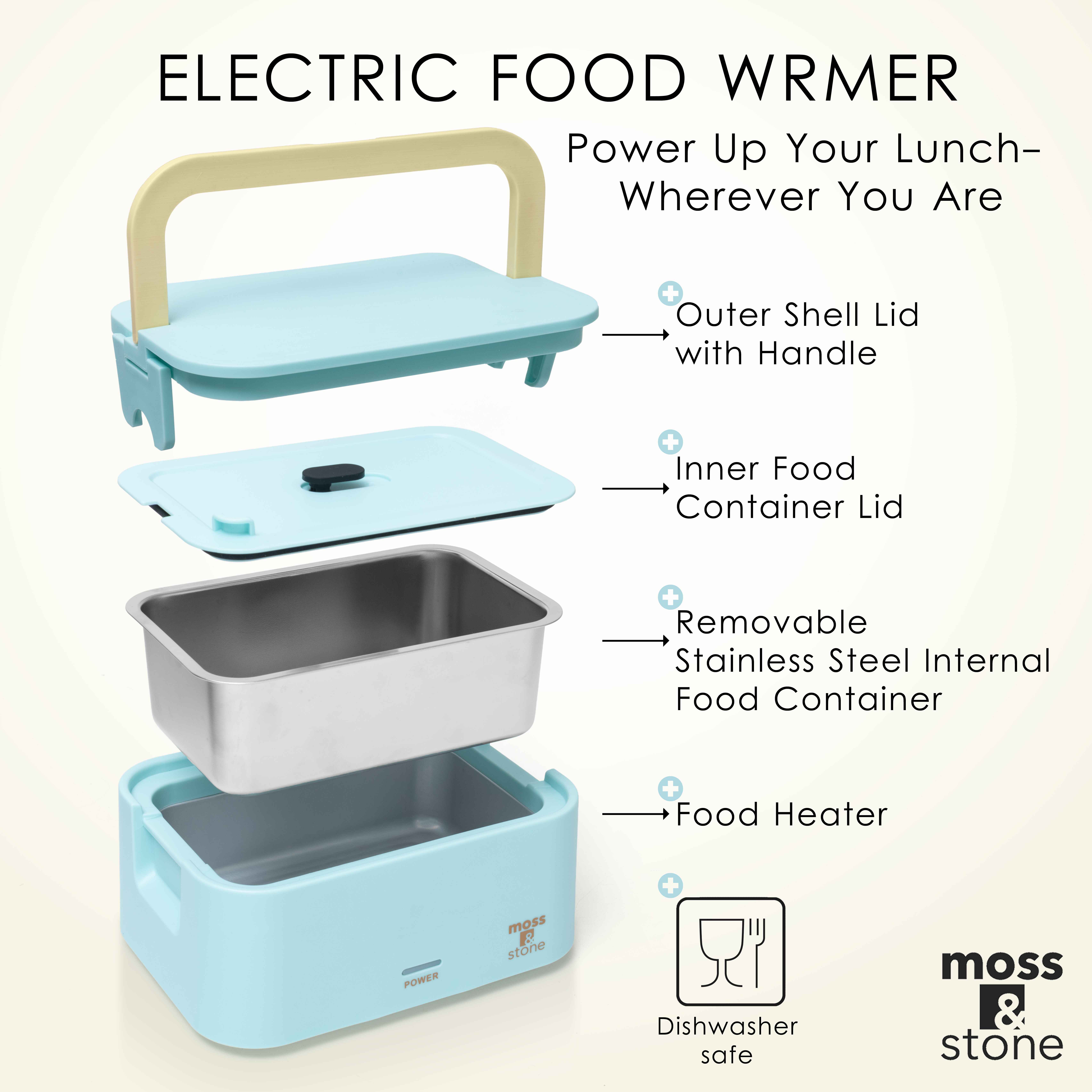 Moss & Stone Turquoise Electric Lunch Box Food Heater for Adults, 80W Portable Warmer for Work with 0.9L 304 Stainless Steel Container, 120V Green Heated Lunch Box Suitable for Dorms/Work/Gift