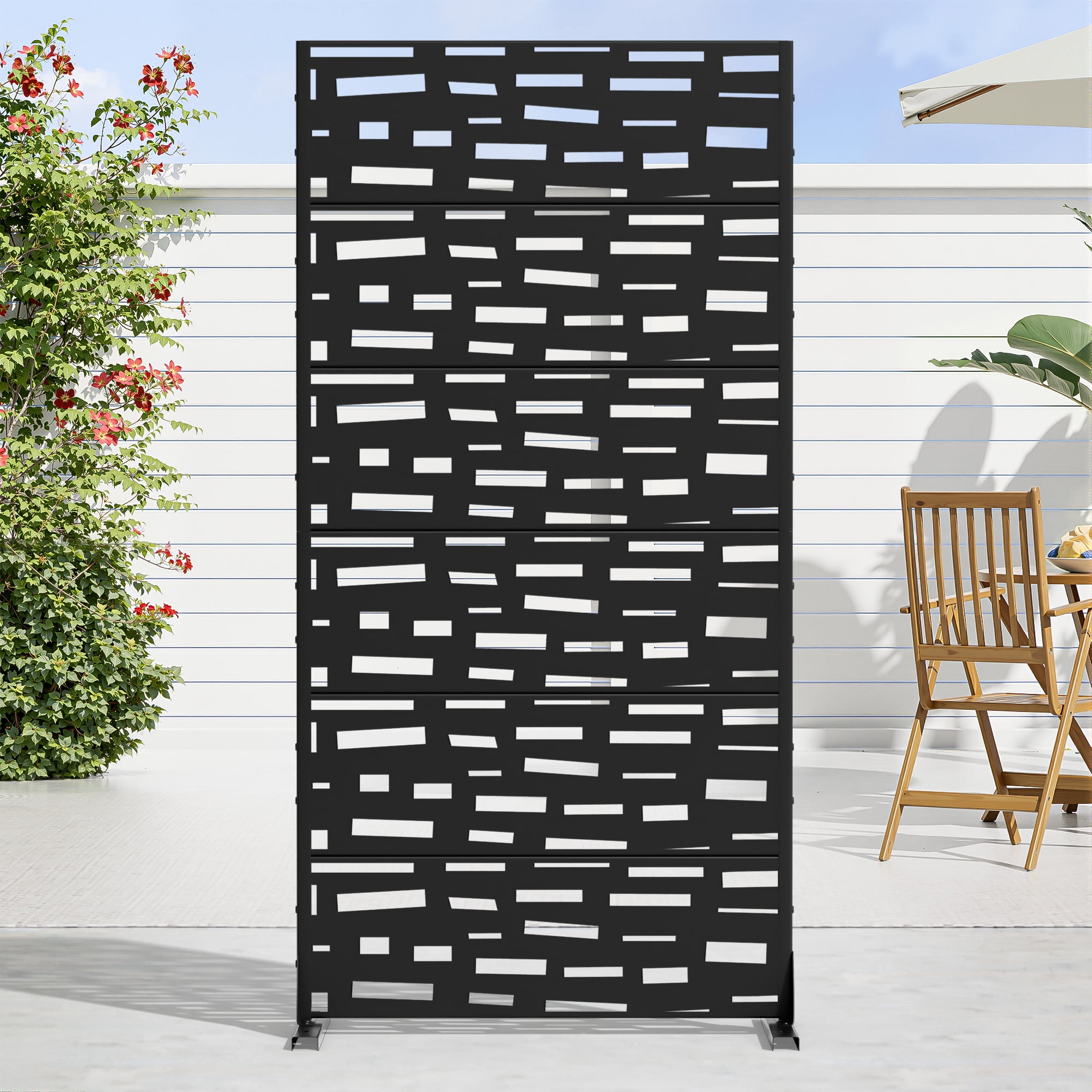 MAYEERTY 72 × 35in Outdoor Privacy Screen with Stand Metal Balcony Decorative Screen, Black