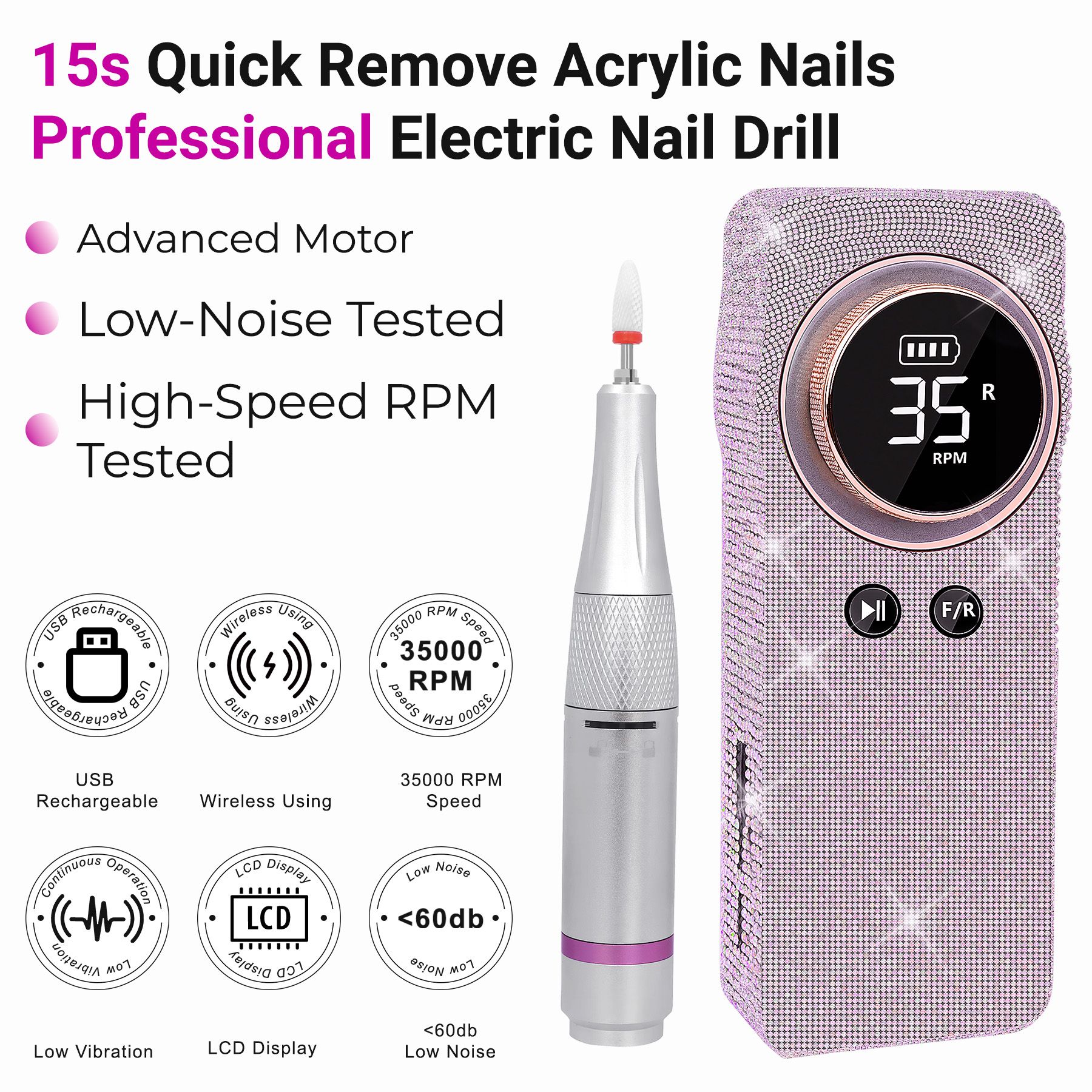 Rechargeable Electric Nail Drill 35000RPM Portable Wireless Nail Grinder Pedicure Manicure Set Silver