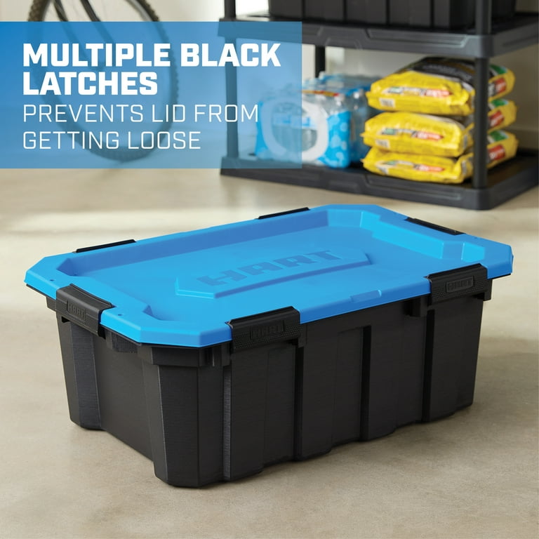 Hart 18 Gallon Water Resistant Plastic Storage Bins Black with Blue Lid