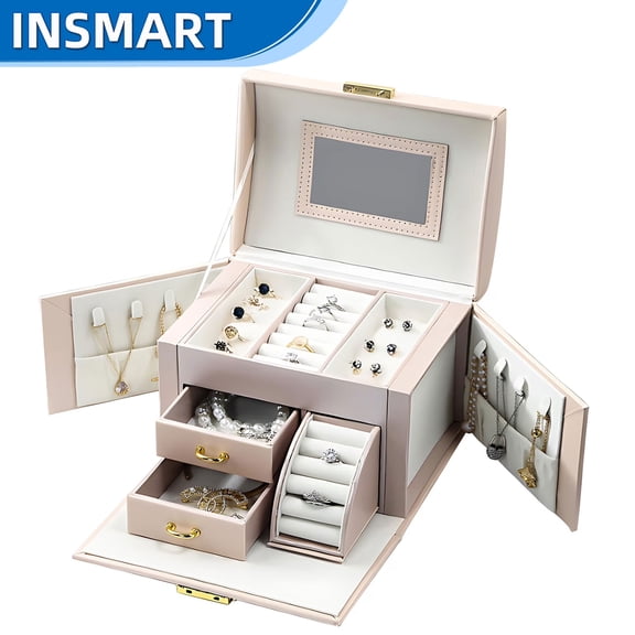INSMART Jewelry Box, 3 Layer Leather Jewelry Organizer Boxes for Women Girls, Multi-Function Holder Drawers with Mirror, Jewelry Storage Case for Rings Earrings Necklaces Bracelets