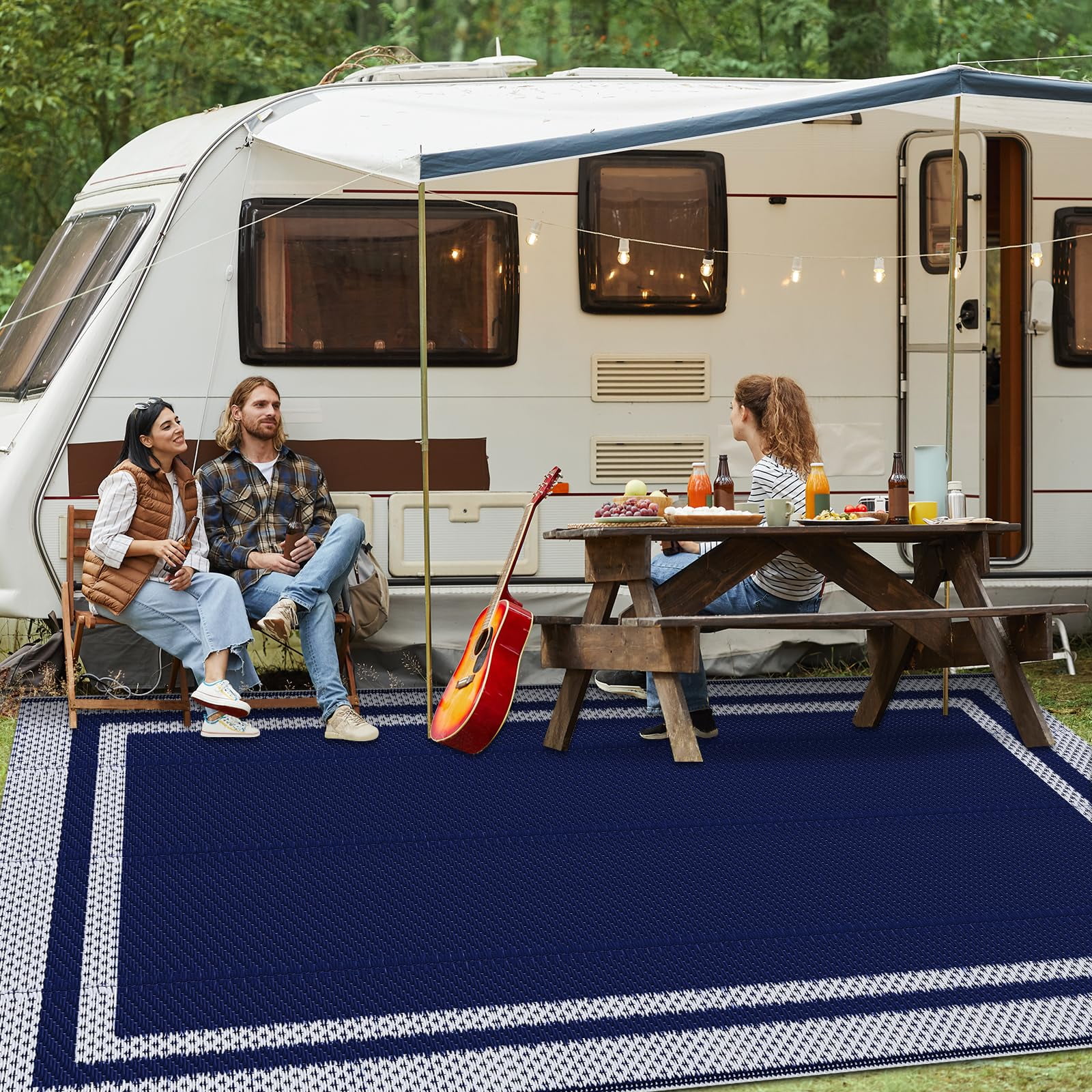 Flngr Waterproof  Outdoor Rug, 8 x 10 ft Reversible Patio Rugs, Outdoor Area Rug Foldable Plastic Camping Rugs for Outside RV, Patio,Picnic,Camper,Balcony,Porch (Blue &White)