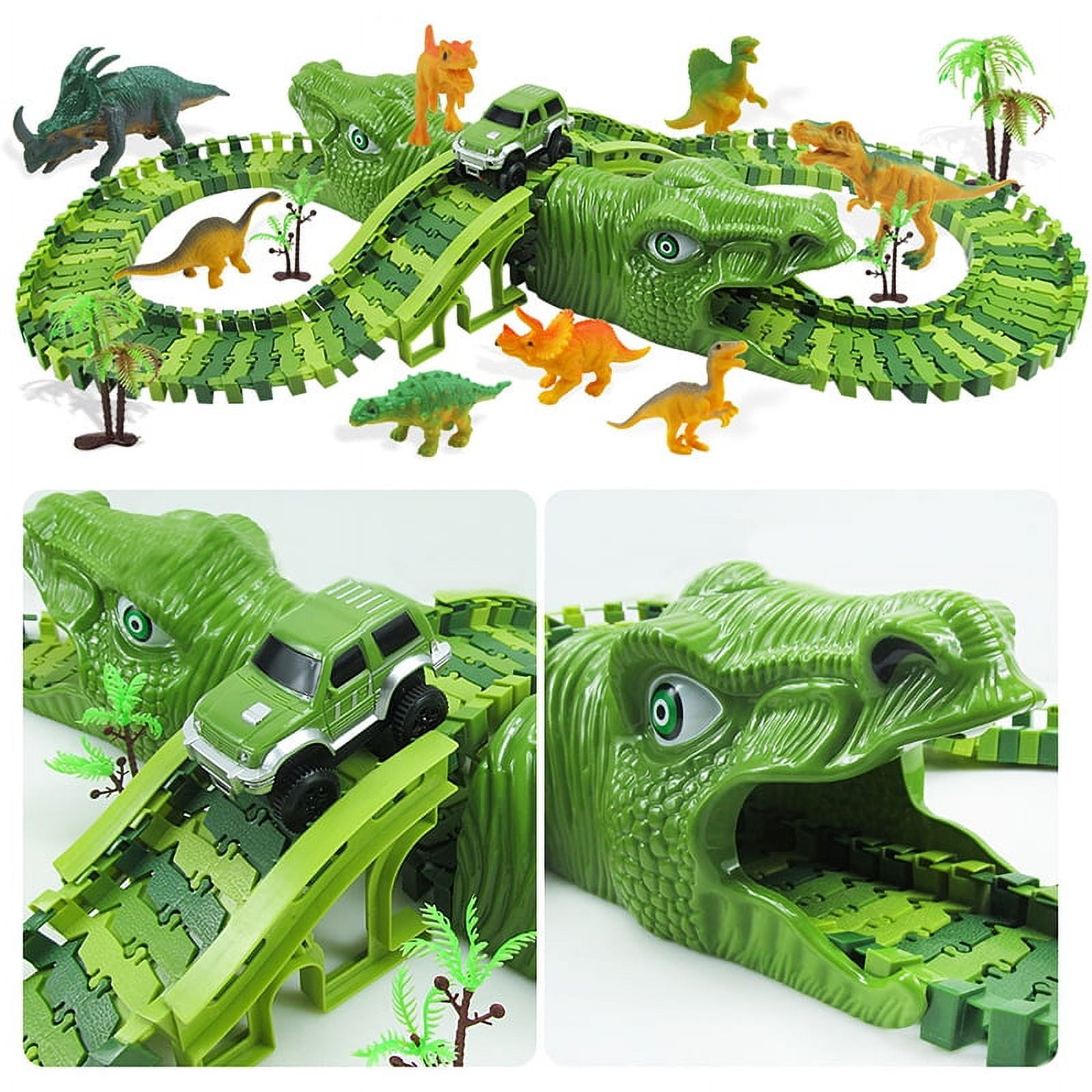  241Pcs Dinosaur Track Toys for 3 4 5 6 7 8 9+ Year Old Boys  Girls, 2 Electric Jeeps & 8 Dino Figures, Upgraded Dinosaur Skull Tunnel  with Smoke, Light and