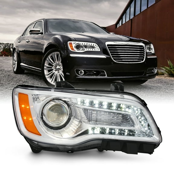 AKKON - Fits 2011-2014 Chrysler 300 Sedan Models LED Light Bar [Halogen Type] Projector Chrome Bezel Headlight Passenger Right