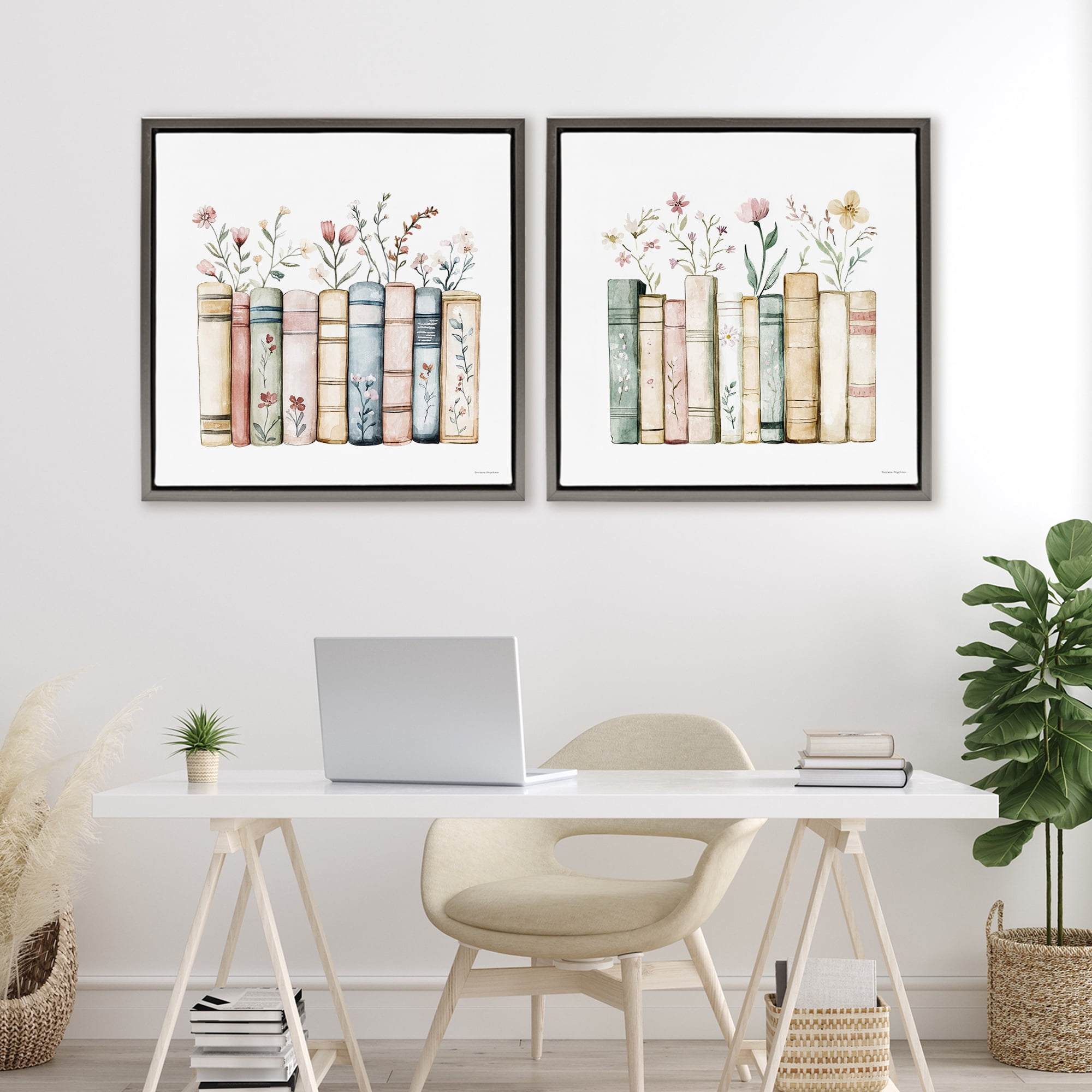 Stupell Industries Floral Stories & Blossoms 2 Piece Gray Framed Floater Canvas Set, design by Svetlana Aleynikova
