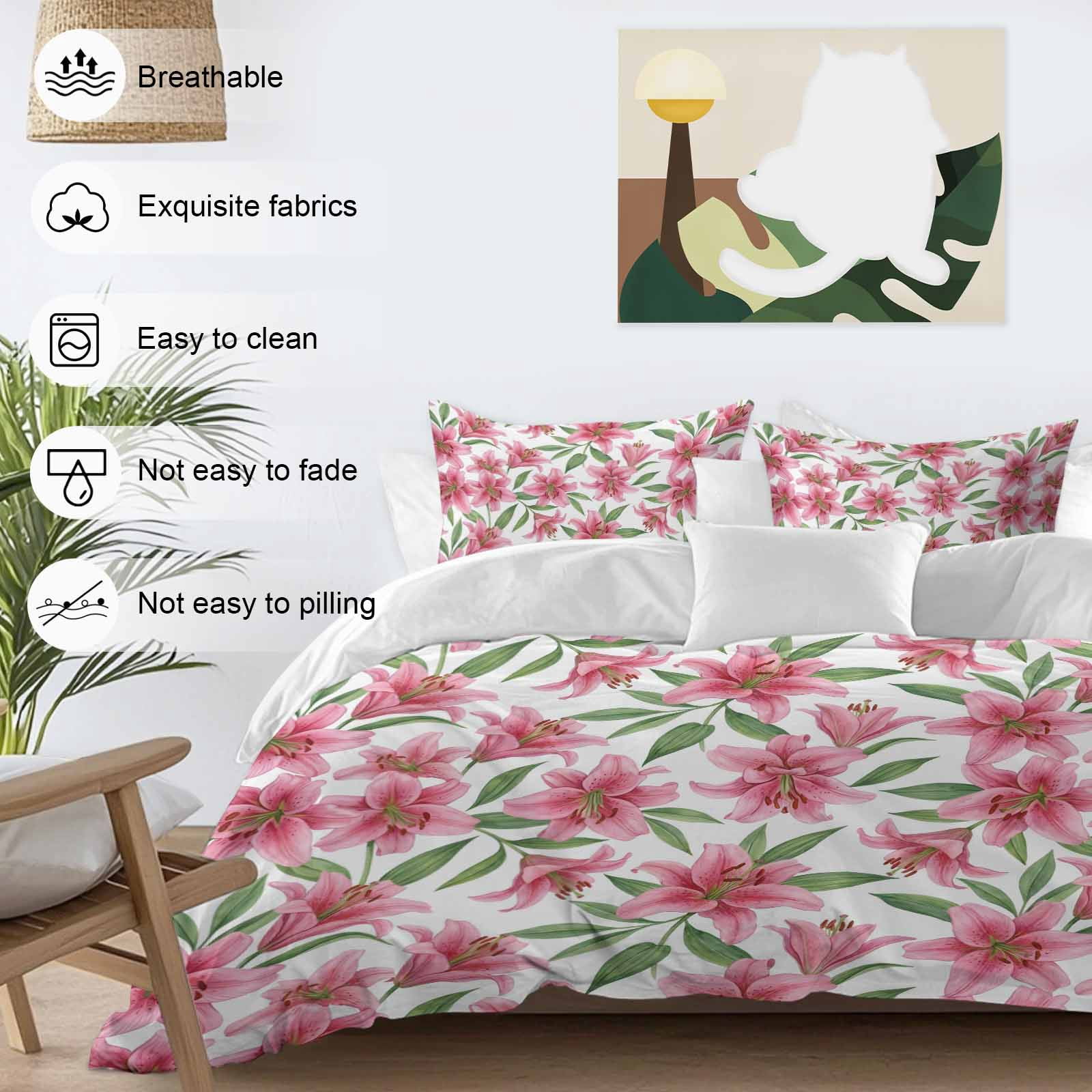 Summer Lily Queen Duvet Cover Set, Watercolor Pink Flower Pastoral Style 4 Piece Microfiber Bedding Set with Zipper Closure, Bed Sheet and 2 Pillow Shams, Soft Bedding Cover