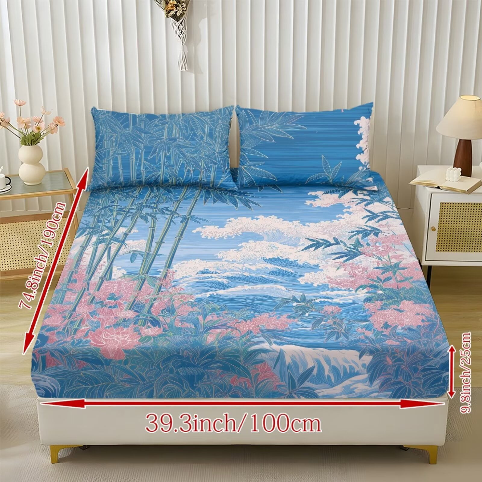 ZIATUBLES 3-Piece Queen Size Sheet Set, Soft Polyester Bedding-Cooling Cozy All-Season Sheets with 1 Fitted Sheet and 2 Pillowcases, Wave Floral Bamboo Print