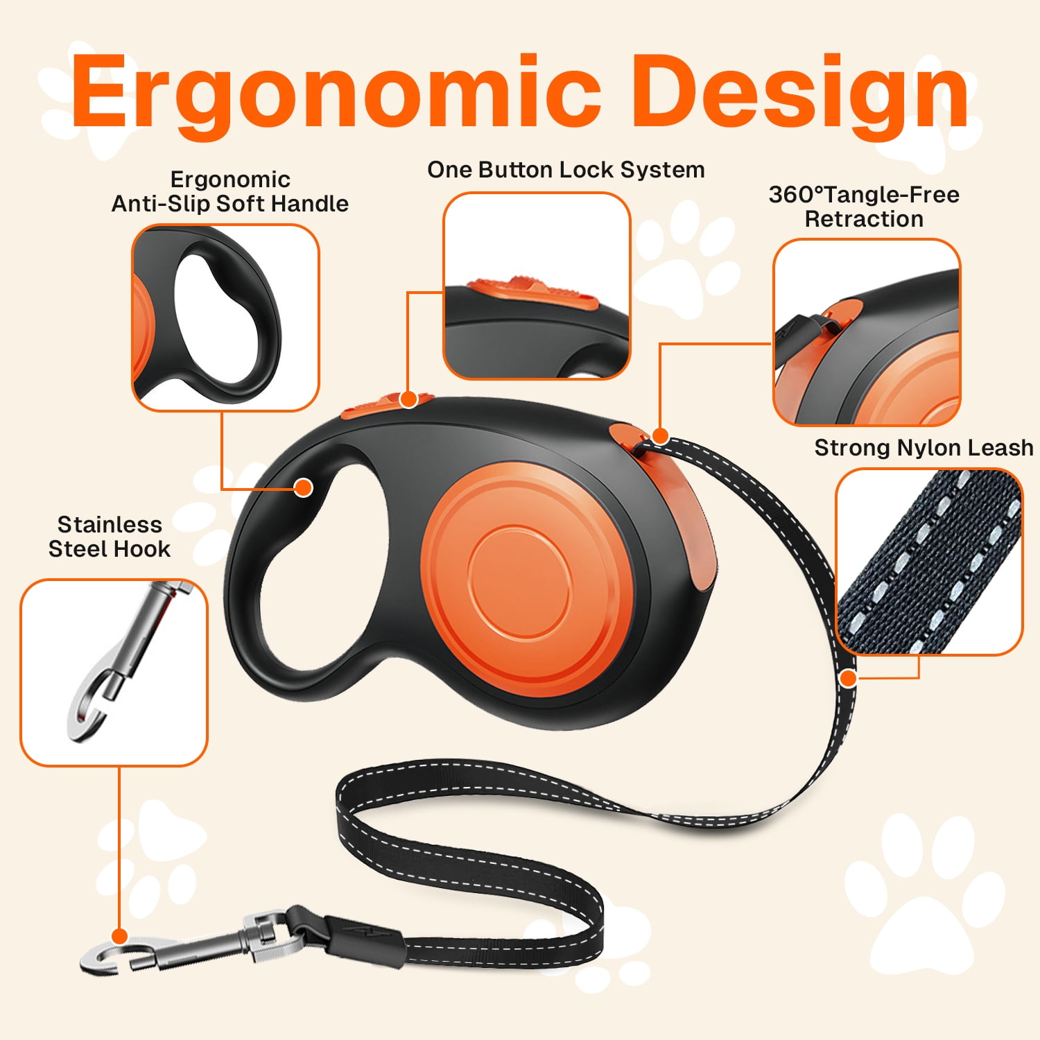 Behome 26Ft Retractable Dog Leash,Walking Leash for Large Dogs/Cats Up to 110lbs,Luminous Spring Strong Nylon Tape, 360° Tangle Free,One-Handed Brake
