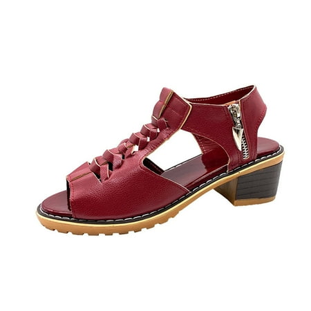 

Summer Saving Clearance! Kukoosong Block Heels for Women Solid Hollow Out Mid Heel Casual Vacation Open Toe Beach Womens Sandals Wine 38