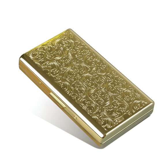 ACDANC Retro Metal Cigarette Case Box - Double Sided Spring Clip Open Pocket Holder for 14 100mm Cigarettes Credit Card Holder Protective Security Wallet for Men and Women (Golden)