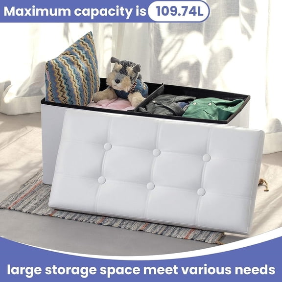 Ottoman Bench with Storage - 30x15x15in Folding Leather Ottoman, Rectangle Foot Stool Foldable Storage Chest Footrest Footstool Collapsible with Lid for Bedroom Living Room White