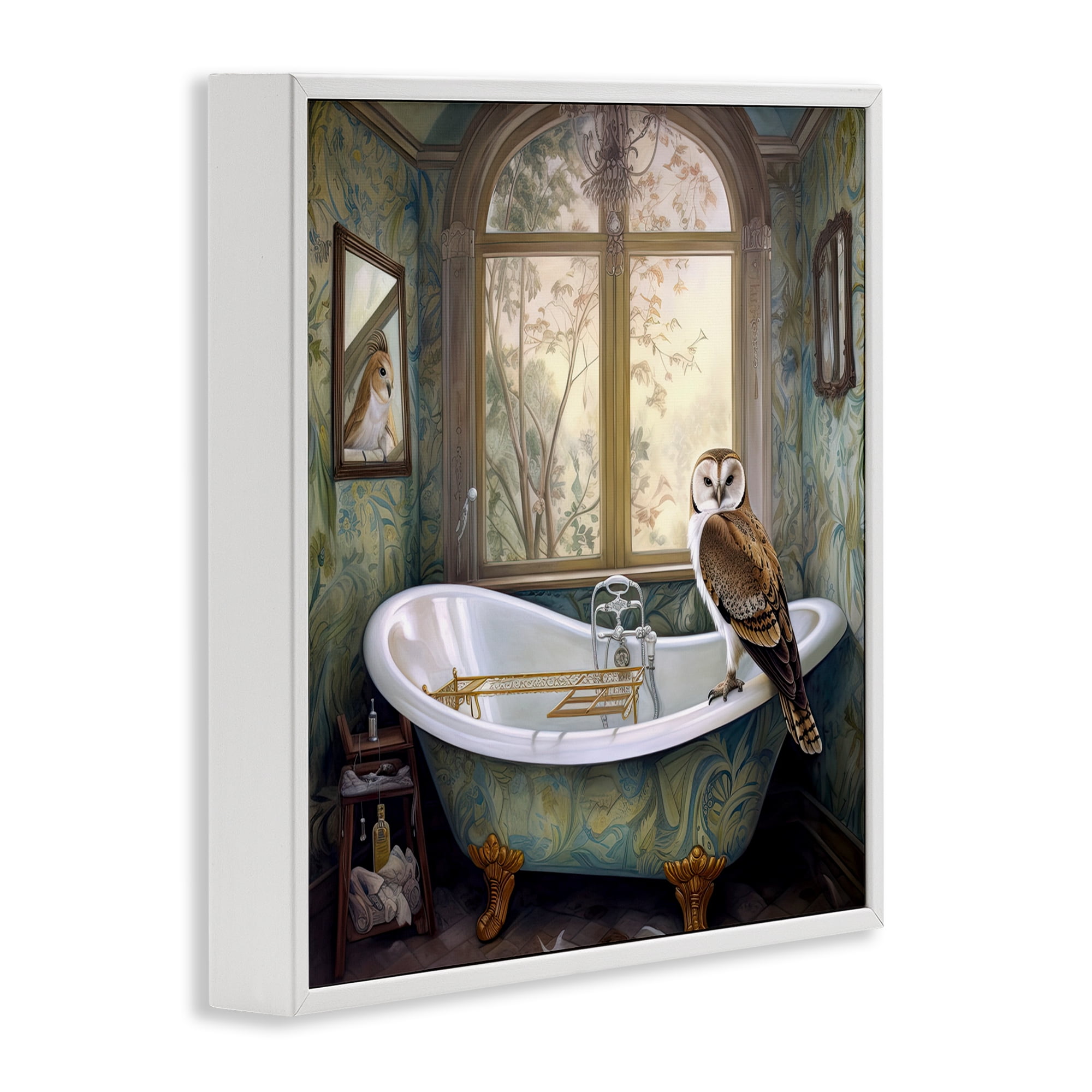 Paisley Patterned Owl Bathtime White Framed Giclee Art, design by Sasha