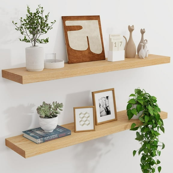 Natural Oak Floating Shelves for Wall, 36" W x 8" D x 1.2" H Wall Mounted Rustic Wooden Display Shelves for Living Room Bathroom Bedroom Kitchen with Heavy-Duty Bracket, Natural Oak Finish, Set of 2