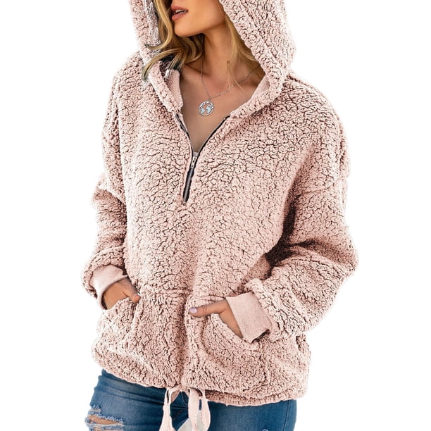 Sudadera con capucha de lana para mujer, bolsillo suelto en el hombro, sudaderas peludas cálidas, je Abanopi Rosa/Medio