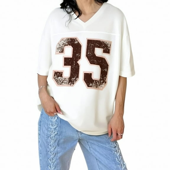 Puliio Women's T-Shirts V-Neck Digital Printing Short Sleeve Streetwear Tee Summer Splicing Contrasting Baseball And American Football Short Sleeved Tee Shirt