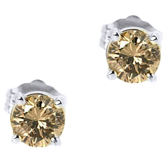 Round Cut Brown Natural Diamond Solitaire Stud Earrings In 14K Solid White Gold (1 Ct)