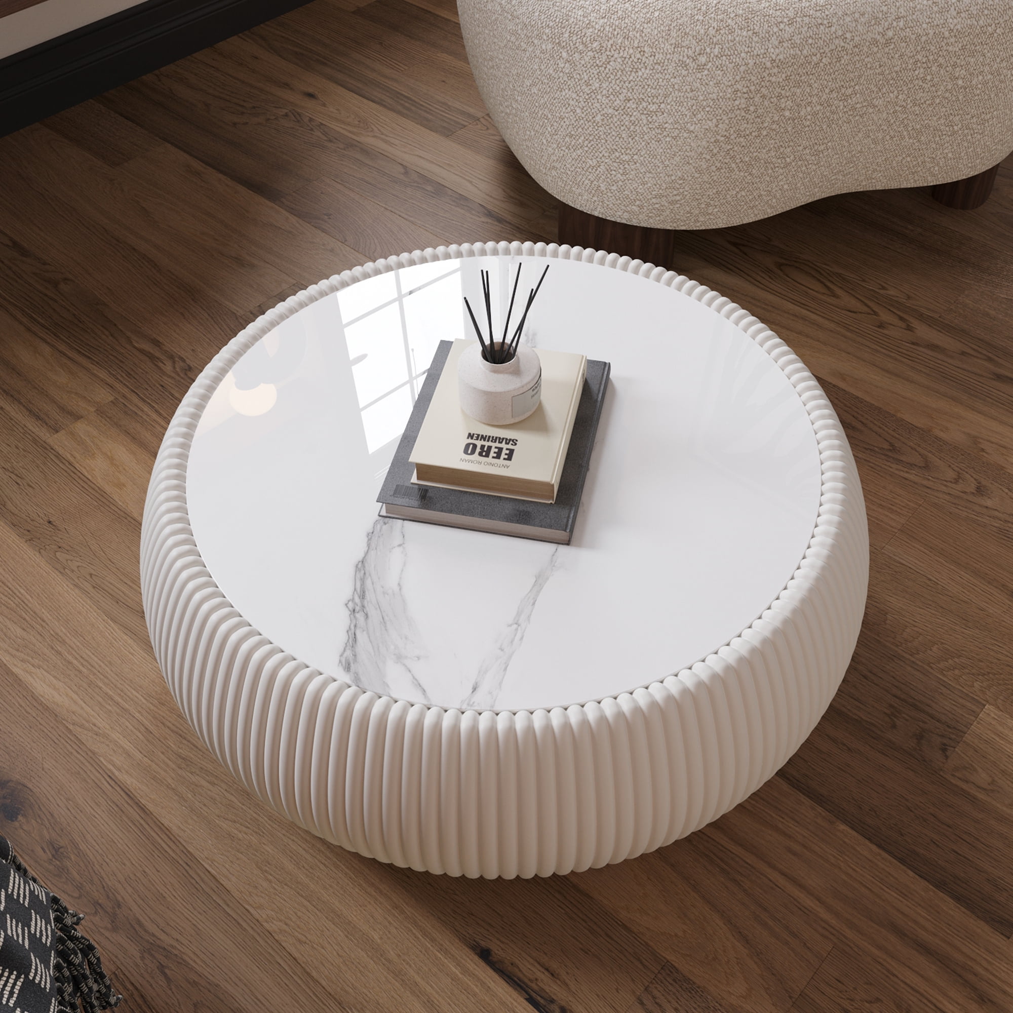 Leumius Round Coffee Table,Cylinder Shape Leather Coffee Modern Sofa Table for Living Room, Bedroom and Outdoor Home Decor White