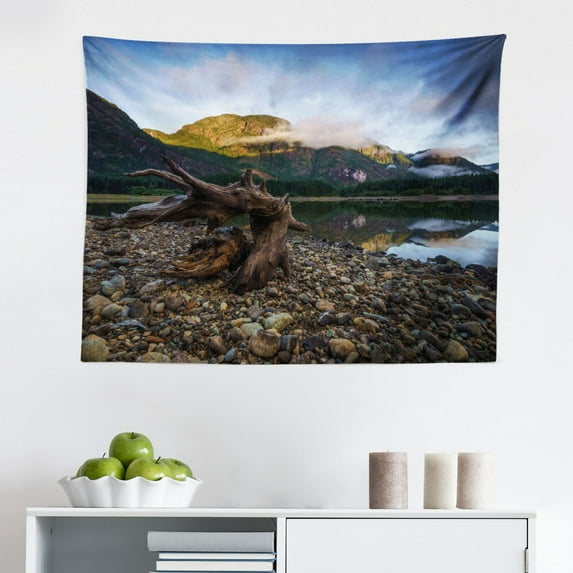 Driftwood Tapestry, Driftwood Beach Landscape Wavy Sea and Cloudy Sky at Sunset Digital Image Print, Fabric Wall Hanging Decor for Bedroom Living Room Dorm, 2 Sizes, Blue Grey, by Ambesonne