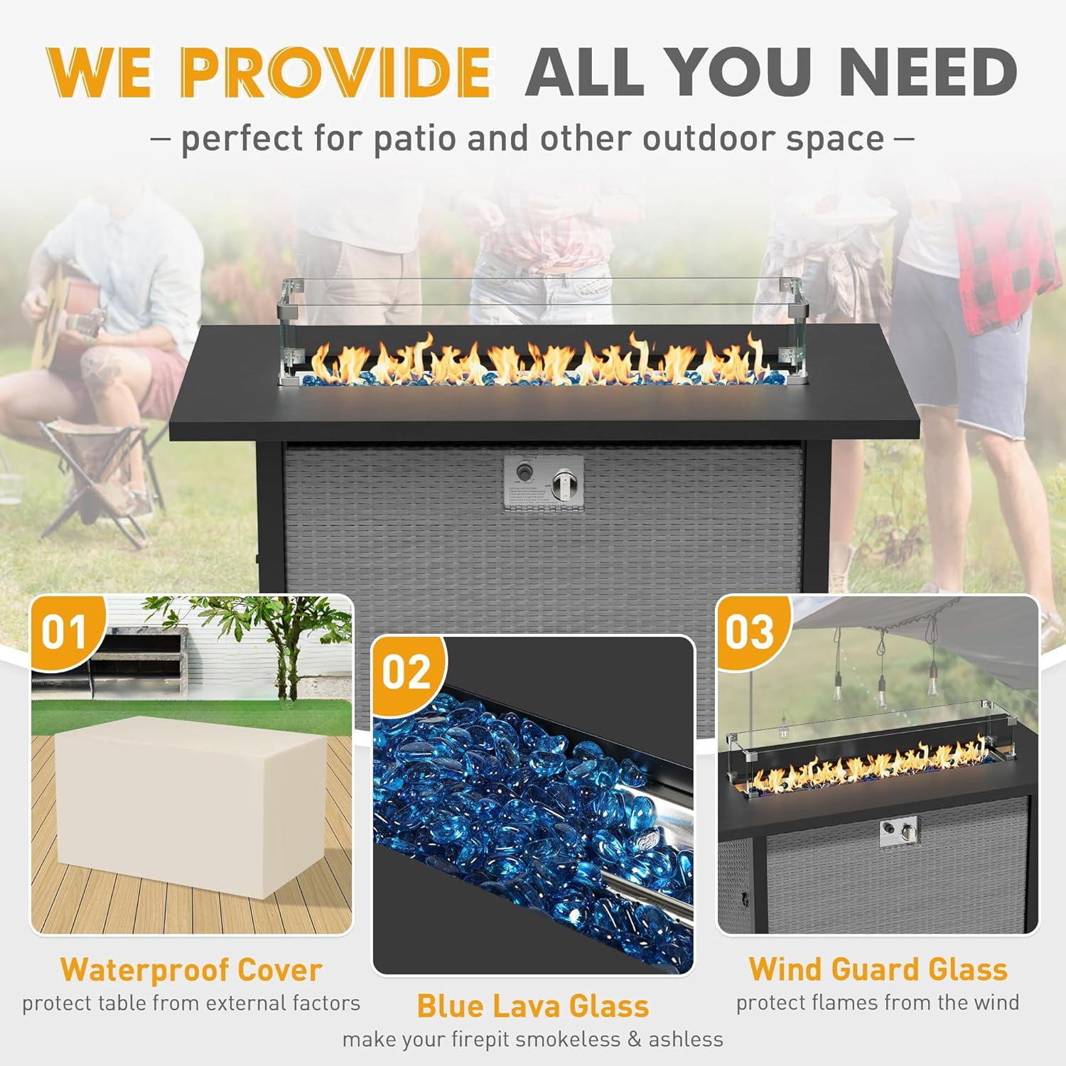 SUNCROWN Outdoor Fire Pit Table, 45in 50,000 BTU Wicker Patio Propane Gas Fire Pit with Glass Wind Guard, Aluminum Tabletop, Firepit Lid, Blue Clear Glass Rocks and Waterproof Cover, Grey