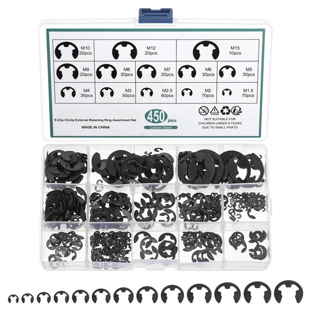 Uxcell 450 Pcs E-clip External Retaining Rings, Manganese Steel Snap Ring Kit, Black