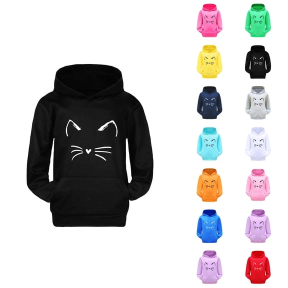 Girls Cute Hoodies Long Sleeve Fall Winter Casual Cat Graphic Hooded Sweatshirt with Pockets Kids Pullover Tops