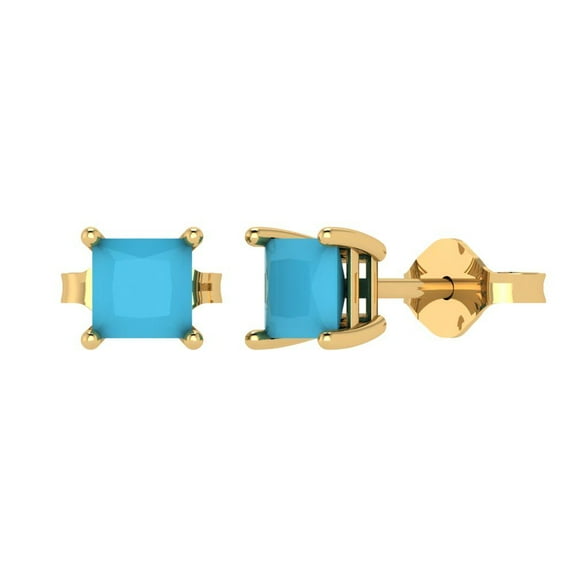 1 ct Push-Back Stud Earrings for Women | 4.5mm Princess Cut Simulated Turquoise | 18K Yellow Gold
