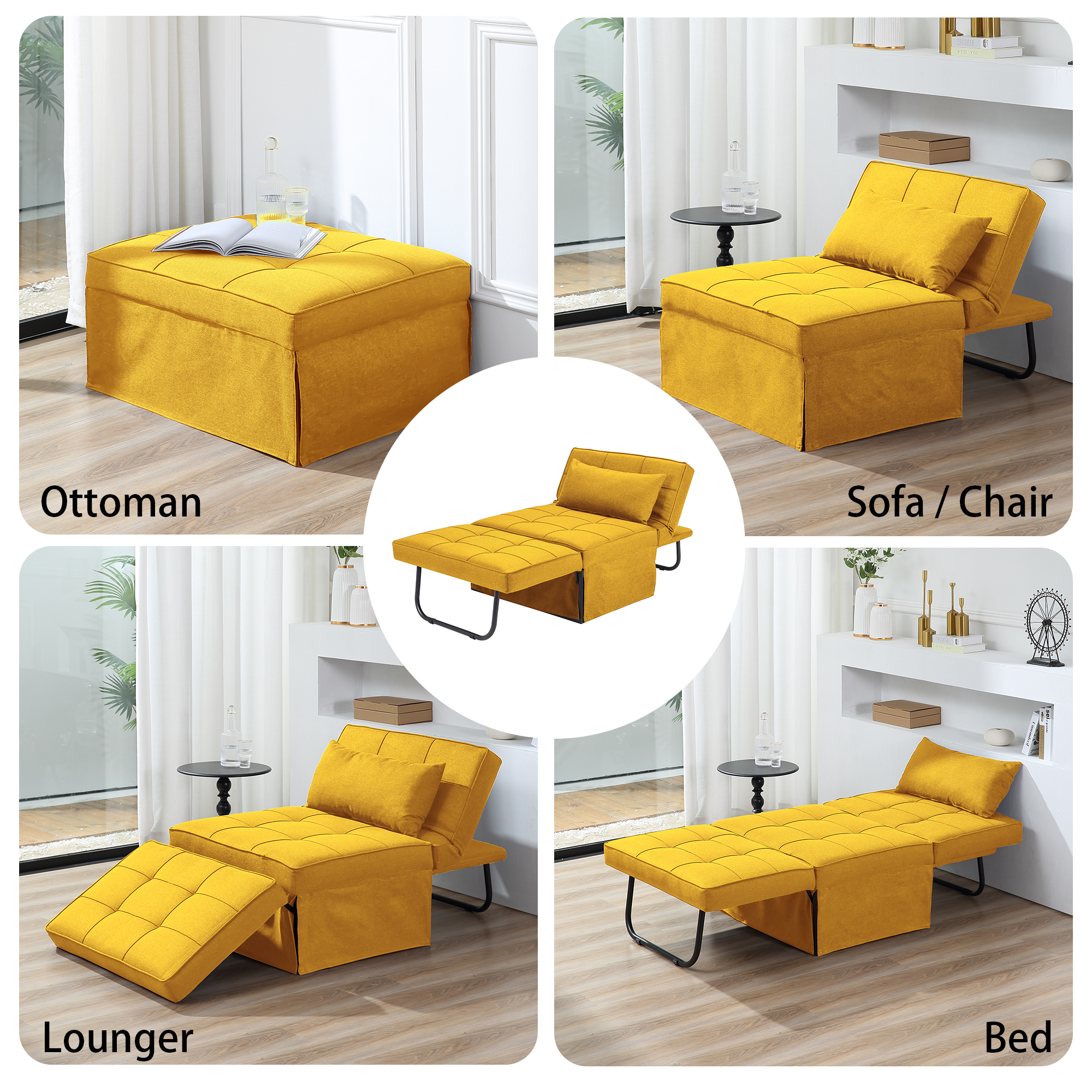 BIGSYY 4-in-1 Multi-Function Folding Ottoman Velvet Couch Bed - Adjustable Backrest for All Ages, Ideal for Living Room, Apartment & Office, Yellow