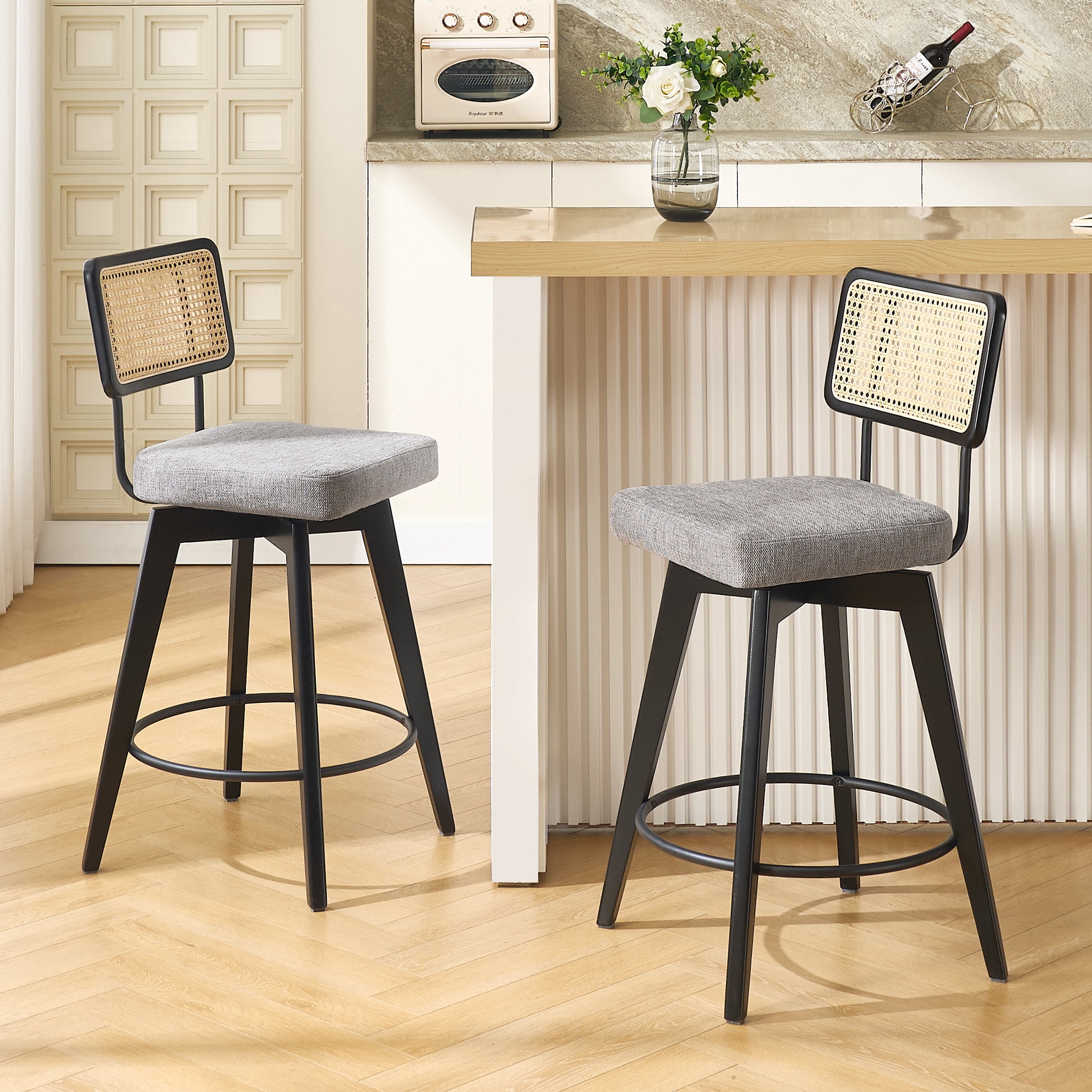 Zesthouse 26.2" Swivel Counter Height Bar Stools Set of 2, Upholstered Linen Counter Stools with Rattan Back, Mid Century Barstools with Solid Wood Frame for Kitchen Island, Gray