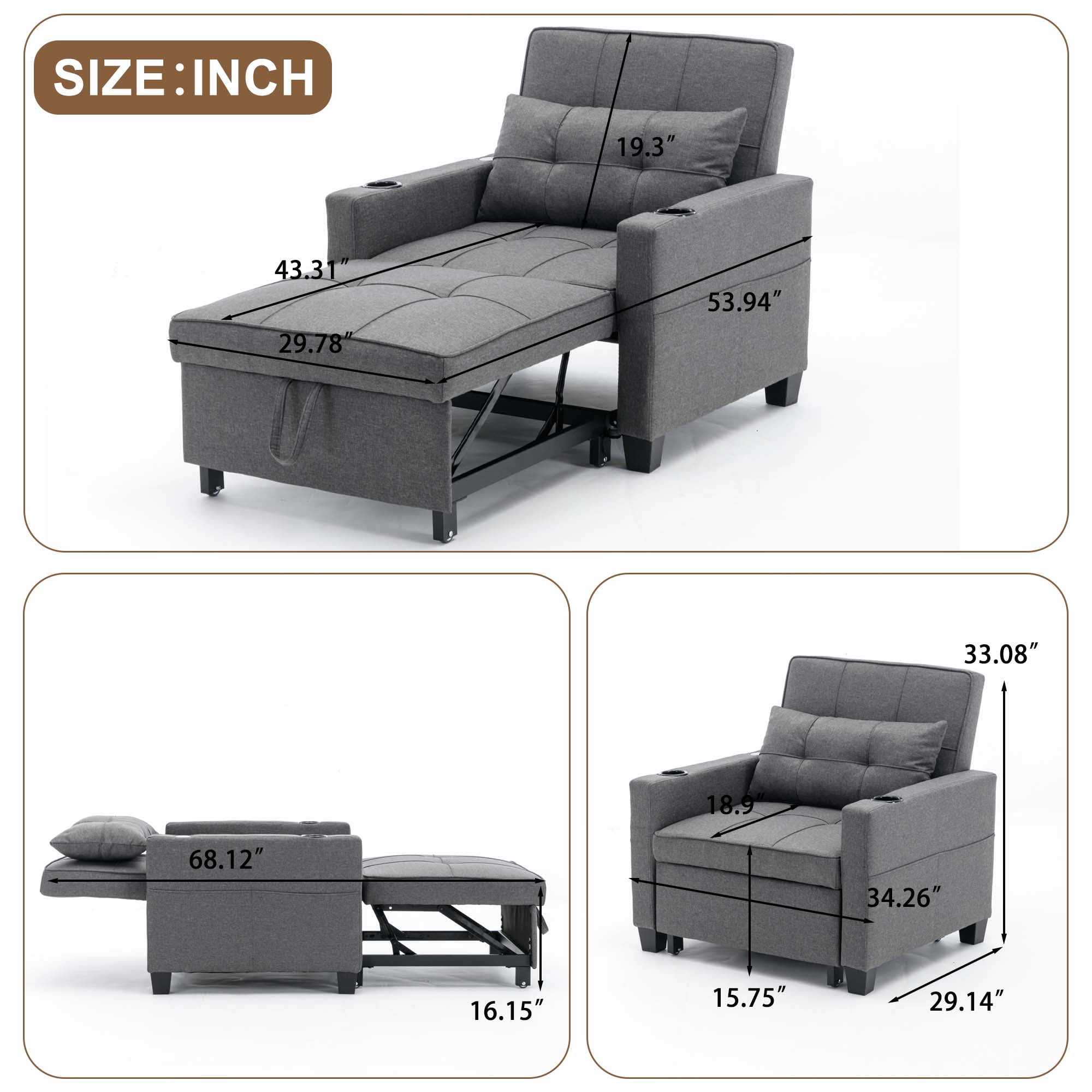 Aukfa Convertible Sleeper Sofa Chair, Futon Chair Bed with USB Ports and Cup Holders for Living Room - Gray