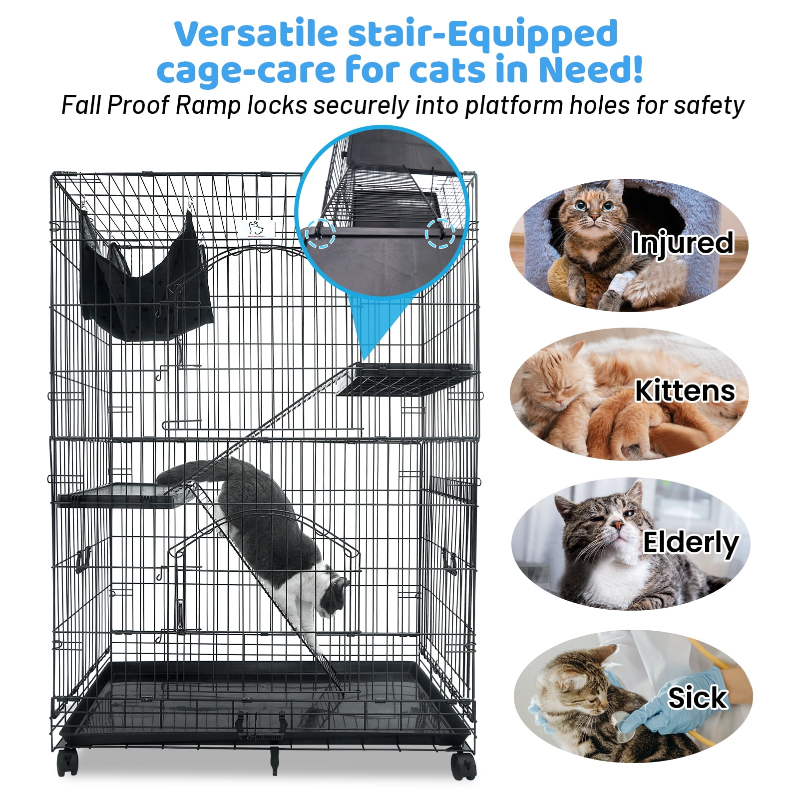 Homey Pet 51 Inch Cat Cages Indoor, 3-Tier Cat Crates for Indoor Cats, Collapsible Metal Wire Large Cat Kennel Big Multi-Level Kitten Crate with Wide Side Door, Plastic Platform, Ramp, 360° Wheel