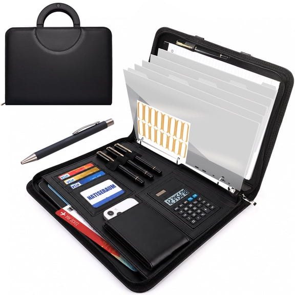 NATISERAUM Padfolio Portfolio Binder with Handle, 5 Dividers, Notepad & Pen, Vegan Leather A4 3-Ring Zipper Document Organizer for Office/School