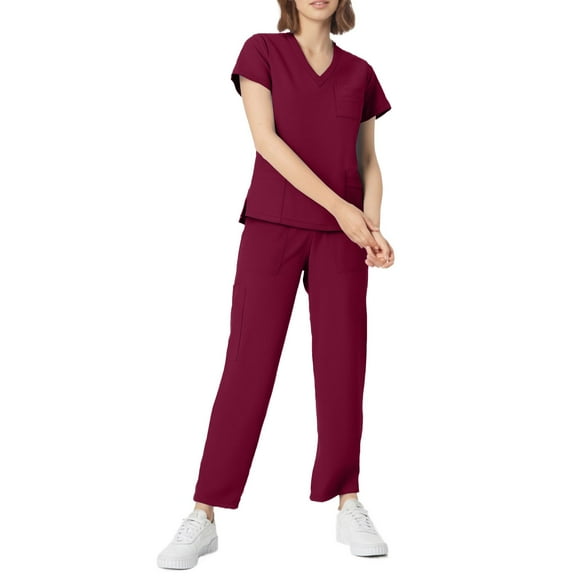 MLQIDK Scrubs for Women Set Clearance Plus Size Scrub Sets Stretchy V-Neck Scrub Tops and Pants Medical Scrubs Nursing Scrubs Med Couture Scrubs Wine XL