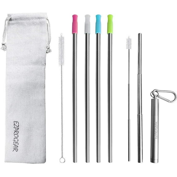 Ezprogear Metal 1C4L Stainless Steel Wide Straws with Silicone Tips Collapsible Straw and 8mm Reusable Drinking Straw