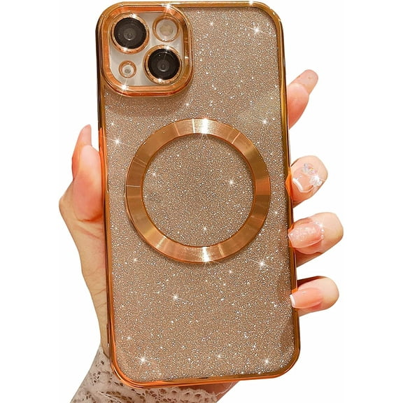 Compatible with iPhone 14 Magnetic Glitter Case, Luxury Plating Cute Bling Clear Phone Case, Compatible with MagSafe for Women Girls with Camera Protector Back Cover - Gold